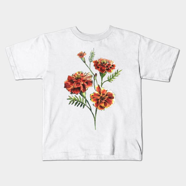 Marigold Flowers Watercolor Painting Kids T-Shirt by Ratna Arts